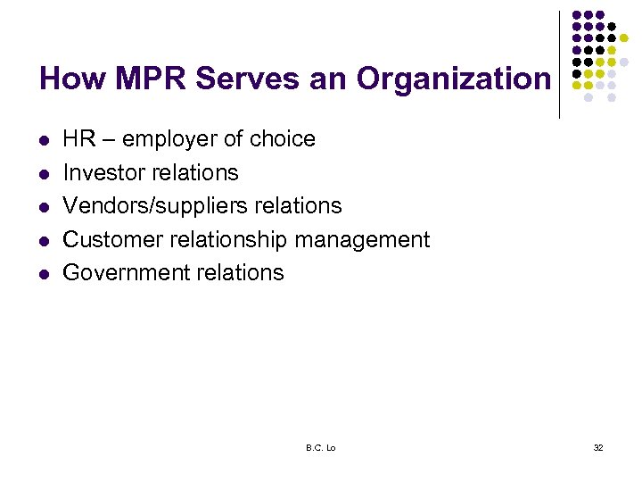 How MPR Serves an Organization l l l HR – employer of choice Investor