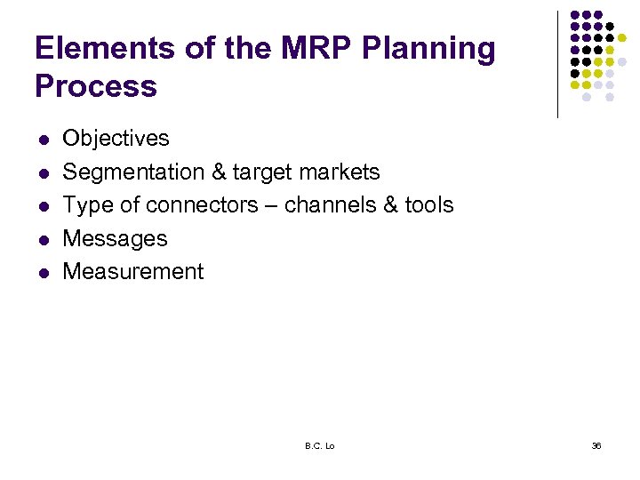 Elements of the MRP Planning Process l l l Objectives Segmentation & target markets