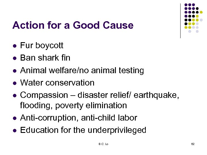 Action for a Good Cause l l l l Fur boycott Ban shark fin