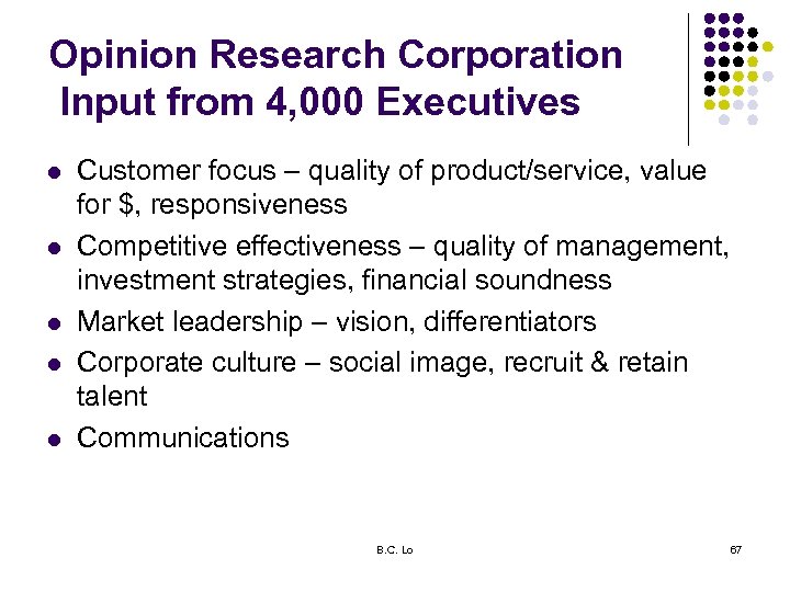 Opinion Research Corporation Input from 4, 000 Executives l l l Customer focus –