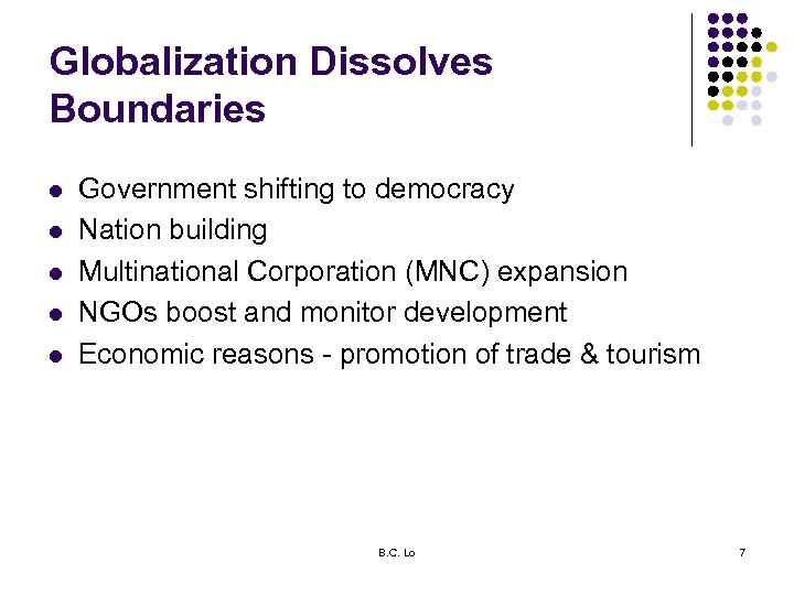 Globalization Dissolves Boundaries l l l Government shifting to democracy Nation building Multinational Corporation