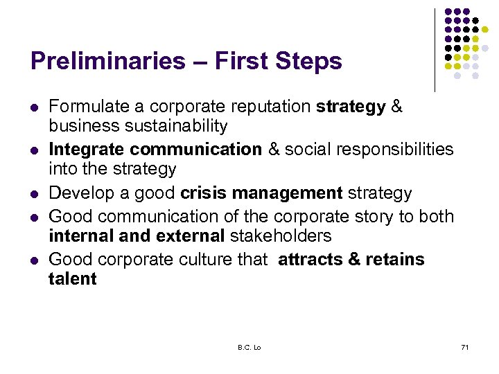 Preliminaries – First Steps l l l Formulate a corporate reputation strategy & business