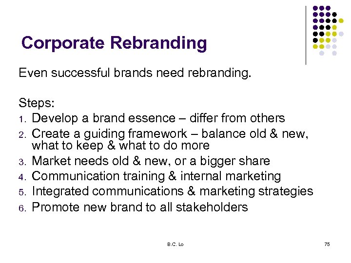 Corporate Rebranding Even successful brands need rebranding. Steps: 1. Develop a brand essence –