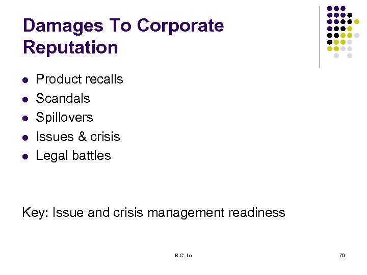 Damages To Corporate Reputation l l l Product recalls Scandals Spillovers Issues & crisis