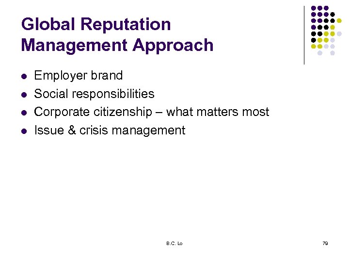 Global Reputation Management Approach l l Employer brand Social responsibilities Corporate citizenship – what