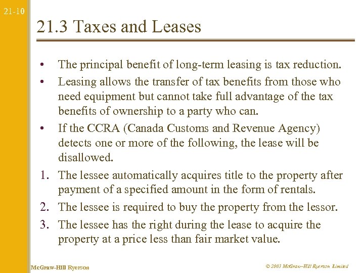 21 -10 21. 3 Taxes and Leases • • The principal benefit of long-term