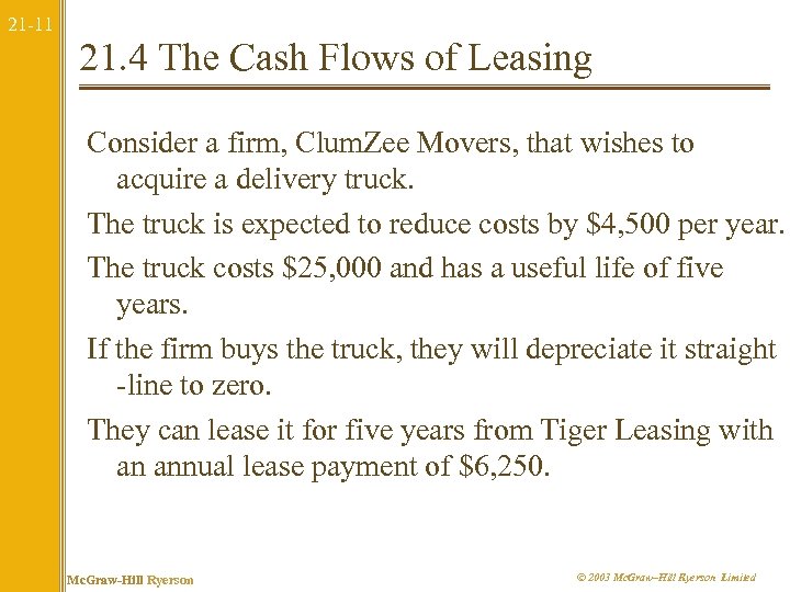 21 -11 21. 4 The Cash Flows of Leasing Consider a firm, Clum. Zee