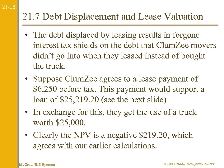 21 -18 21. 7 Debt Displacement and Lease Valuation • The debt displaced by