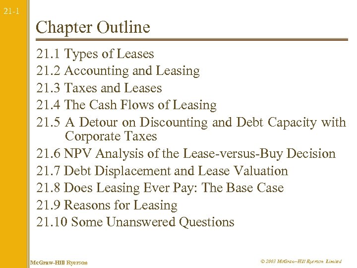 21 -1 Chapter Outline 21. 1 Types of Leases 21. 2 Accounting and Leasing