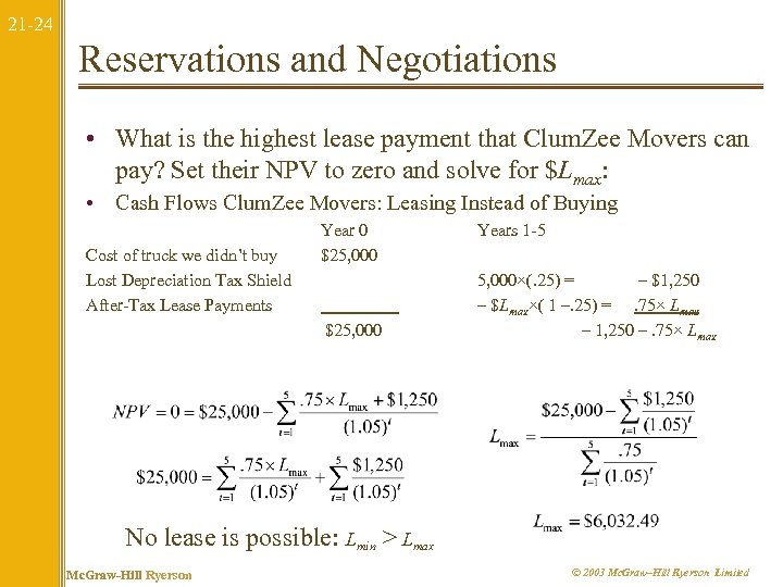 21 -24 Reservations and Negotiations • What is the highest lease payment that Clum.