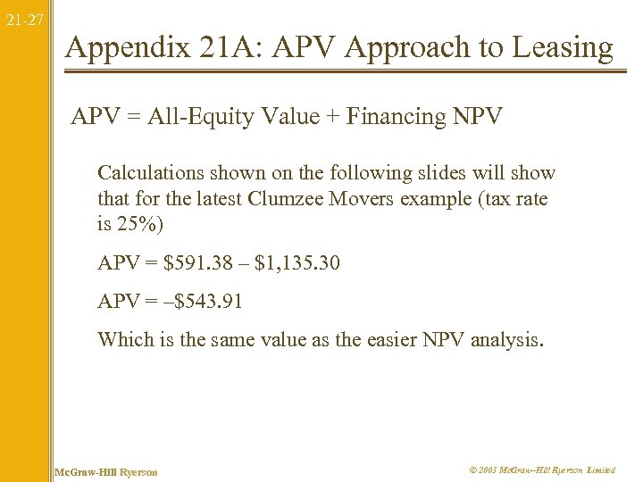 21 -27 Appendix 21 A: APV Approach to Leasing APV = All-Equity Value +