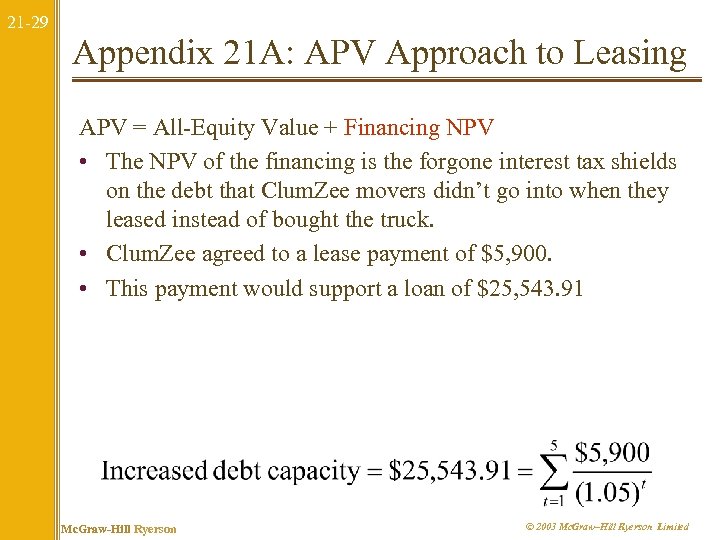 21 -29 Appendix 21 A: APV Approach to Leasing APV = All-Equity Value +