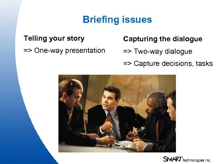 Briefing issues Telling your story Capturing the dialogue => One-way presentation => Two-way dialogue