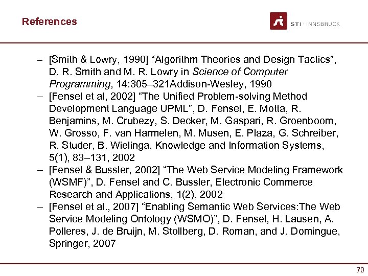 References – [Smith & Lowry, 1990] “Algorithm Theories and Design Tactics”, D. R. Smith