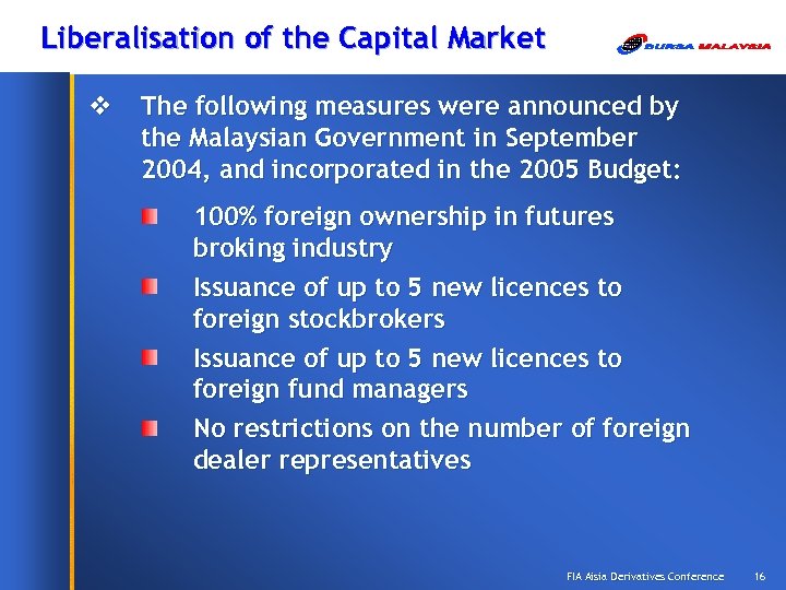 Liberalisation of the Capital Market v The following measures were announced by the Malaysian