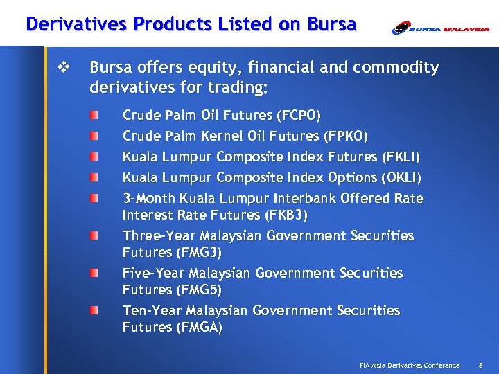 Derivatives Products Listed on Bursa v Bursa offers equity, financial and commodity derivatives for