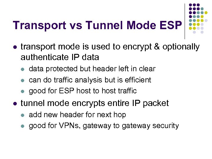 Transport vs Tunnel Mode ESP l transport mode is used to encrypt & optionally