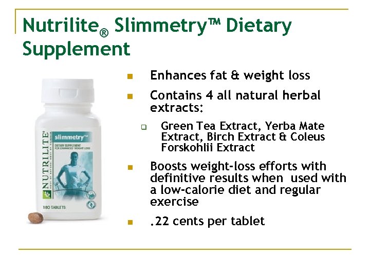 Nutrilite® Slimmetry™ Dietary Supplement Enhances fat & weight loss n Contains 4 all natural
