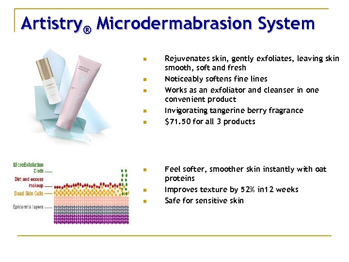Artistry® Microdermabrasion System n n n n Rejuvenates skin, gently exfoliates, leaving skin smooth,