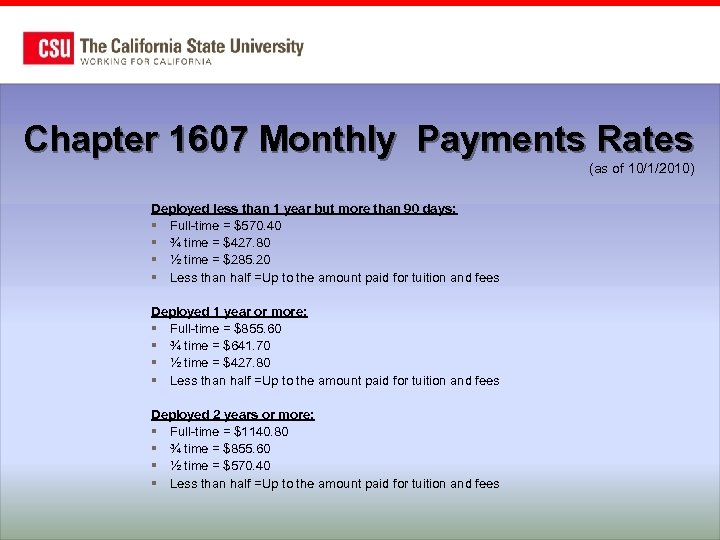 Chapter 1607 Monthly Payments Rates (as of 10/1/2010) Deployed less than 1 year but