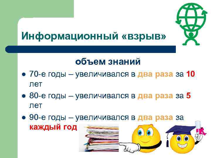 Информационный «взрыв» объем знаний l l l 70 -е годы – увеличивался в два