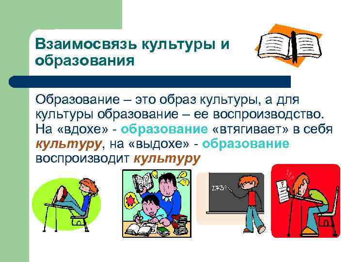 Взаимосвязь культуры и образования Образование – это образ культуры, а для культуры образование –