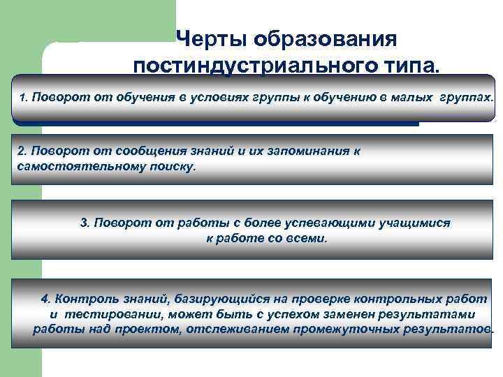 Черты образования постиндустриального типа. 1. Поворот от обучения в условиях группы к обучению в