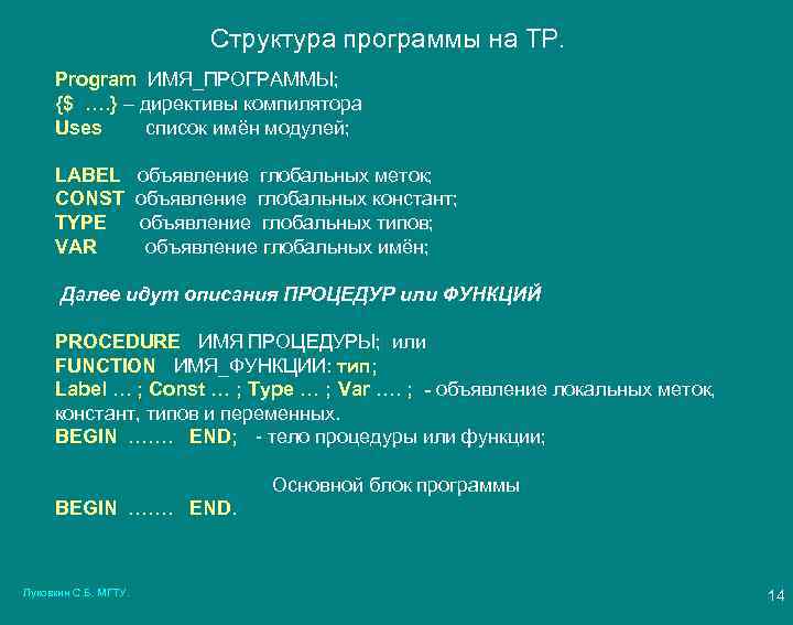 Структура программы на ТР. Program ИМЯ_ПРОГРАММЫ; {$ …. } – директивы компилятора Uses список