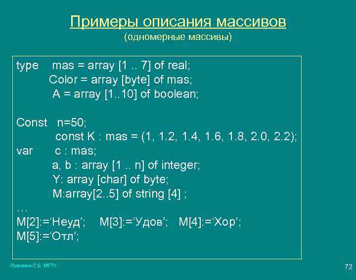 Примеры описания массивов (одномерные массивы) type mas = array [1. . 7] of real;