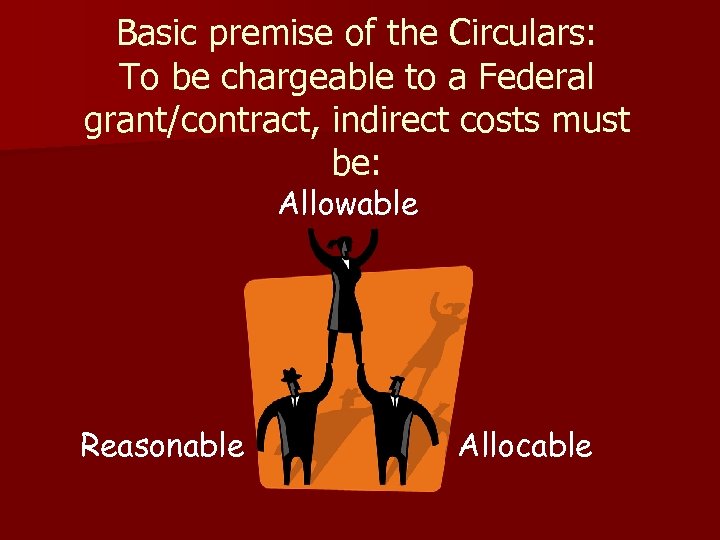 Basic premise of the Circulars: To be chargeable to a Federal grant/contract, indirect costs