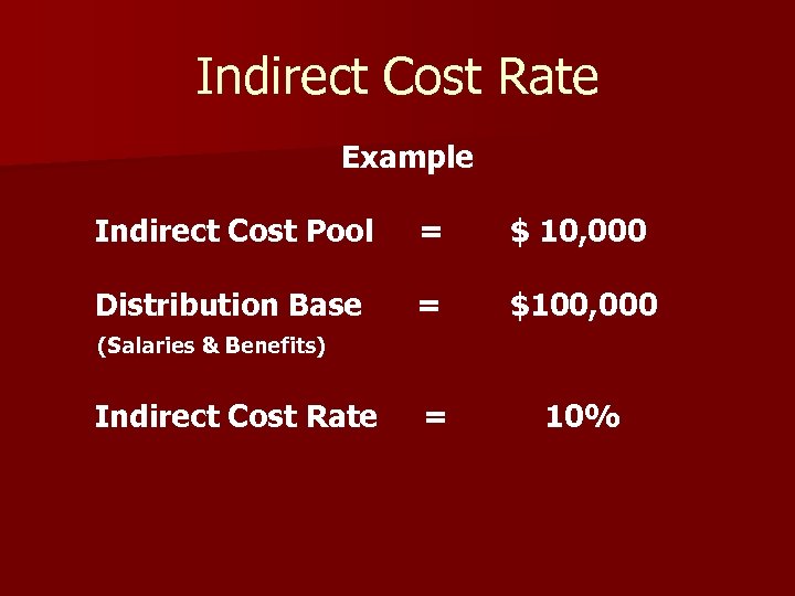 Indirect Cost Rate Example Indirect Cost Pool = $ 10, 000 Distribution Base =