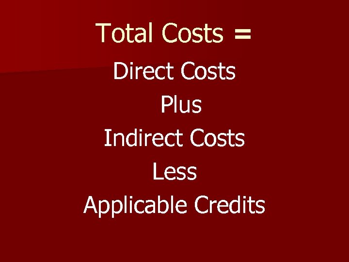 Total Costs = Direct Costs Plus Indirect Costs Less Applicable Credits 