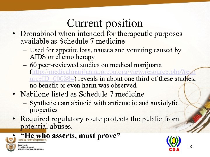 Current position • Dronabinol when intended for therapeutic purposes available as Schedule 7 medicine