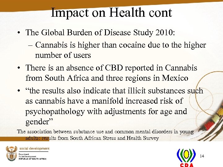 Impact on Health cont • The Global Burden of Disease Study 2010: – Cannabis