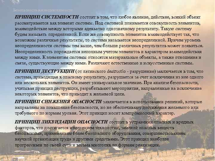 Безопасность жизнедеятельности ПРИНЦИП СИСТЕМНОСТИ состоит в том, что любое явление, действие, всякий объект рассматривается