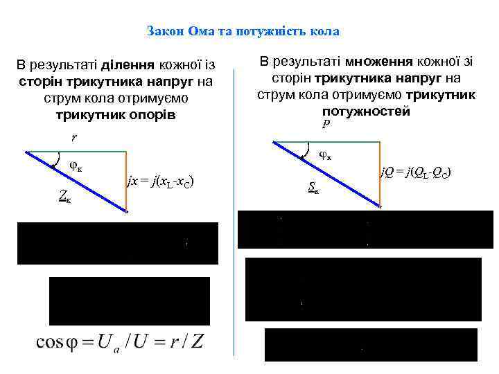 Закон Ома та потужність кола В результаті ділення кожної із сторін трикутника напруг на