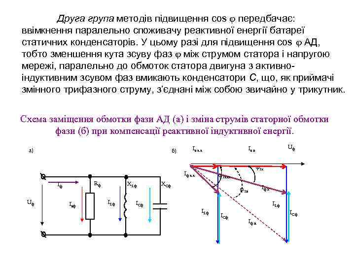Друга група методів підвищення cos передбачає: ввімкнення паралельно споживачу реактивної енергії батареї статичних конденсаторів.