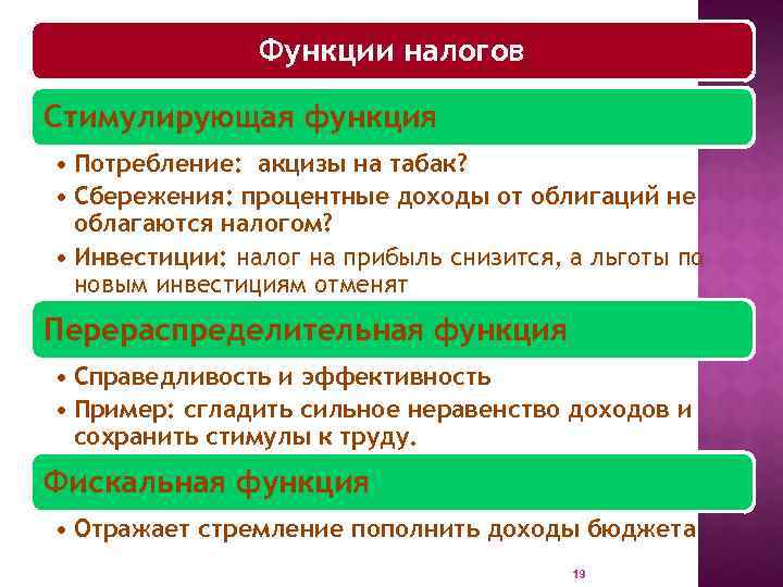 Функции налогов Стимулирующая функция • Потребление: акцизы на табак? • Сбережения: процентные доходы от
