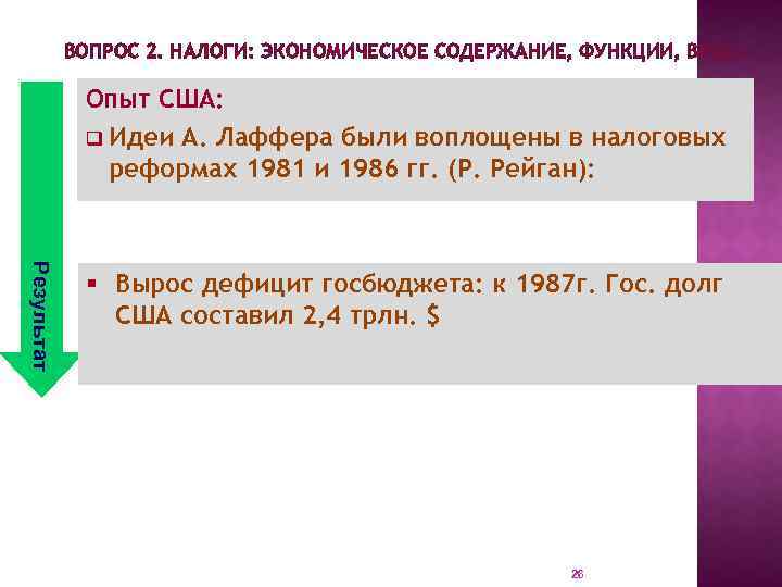 ВОПРОС 2. НАЛОГИ: ЭКОНОМИЧЕСКОЕ СОДЕРЖАНИЕ, ФУНКЦИИ, ВИДЫ. Опыт США: q Идеи А. Лаффера были