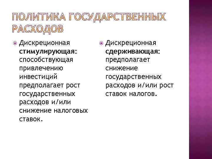  Дискреционная стимулирующая: способствующая привлечению инвестиций предполагает рост государственных расходов и/или снижение налоговых ставок.
