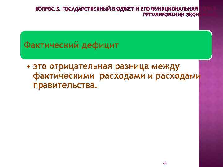 ВОПРОС 3. ГОСУДАРСТВЕННЫЙ БЮДЖЕТ И ЕГО ФУНКЦИОНАЛЬНАЯ РОЛЬ В РЕГУЛИРОВАНИИ ЭКОНОМИКИ. Фактический дефицит •