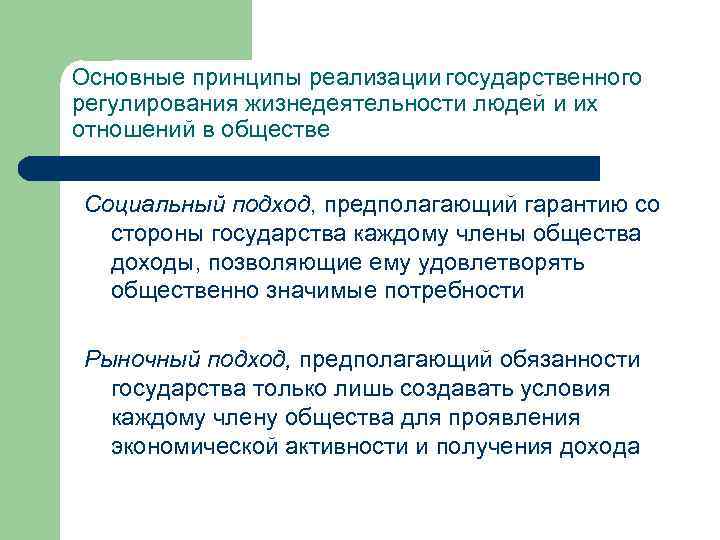 Основные принципы реализации государственного регулирования жизнедеятельности людей и их отношений в обществе Социальный подход,