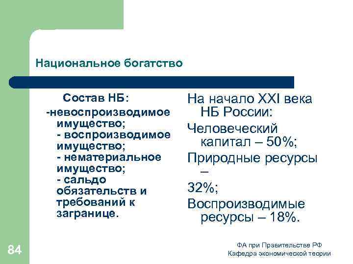 Национальное богатство Состав НБ: -невоспроизводимое имущество; - нематериальное имущество; - сальдо обязательств и требований