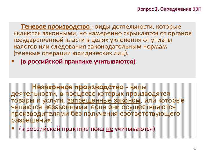 Вопрос 2. Определение ВВП Теневое производство - виды деятельности, которые являются законными, но намеренно