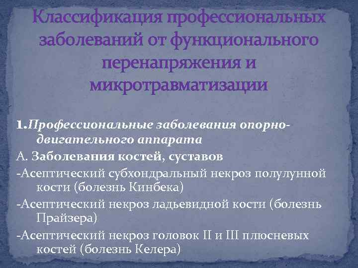 Классификация профессиональных заболеваний от функционального перенапряжения и микротравматизации 1. Профессиональные заболевания опорно- двигательного аппарата