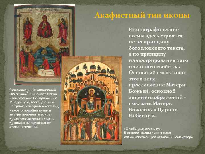 Акафистный тип иконы "Богоматерь - Живоносный Источник. " Включает в себя изображение Богородицы с