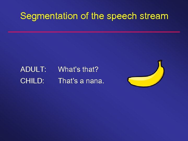 Segmentation of the speech stream ADULT: What’s that? CHILD: That’s a nana. 