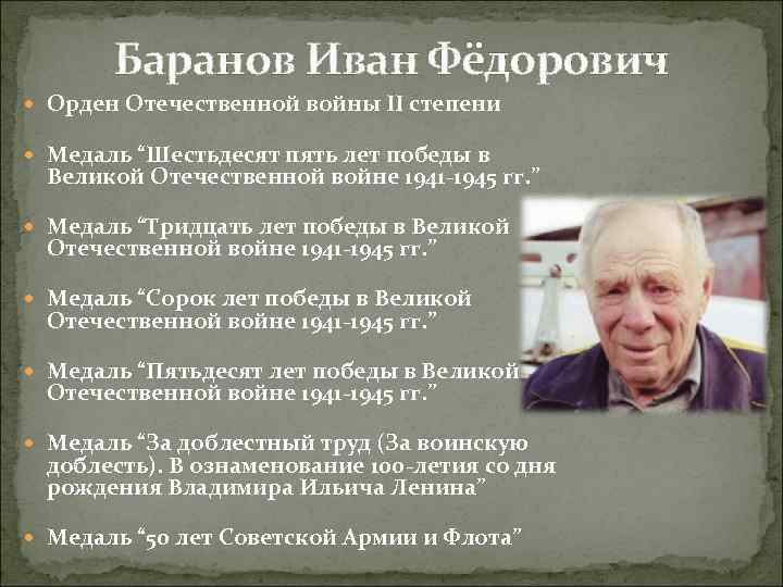 Баранов Иван Фёдорович Орден Отечественной войны II степени Медаль “Шестьдесят пять лет победы в