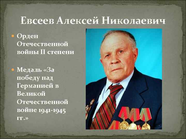 Евсеев Алексей Николаевич Орден Отечественной войны II степени Медаль «За победу над Германией в
