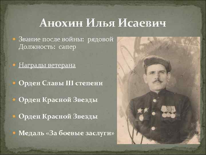 Анохин Илья Исаевич Звание после войны: рядовой Должность: сапер Награды ветерана Орден Славы III